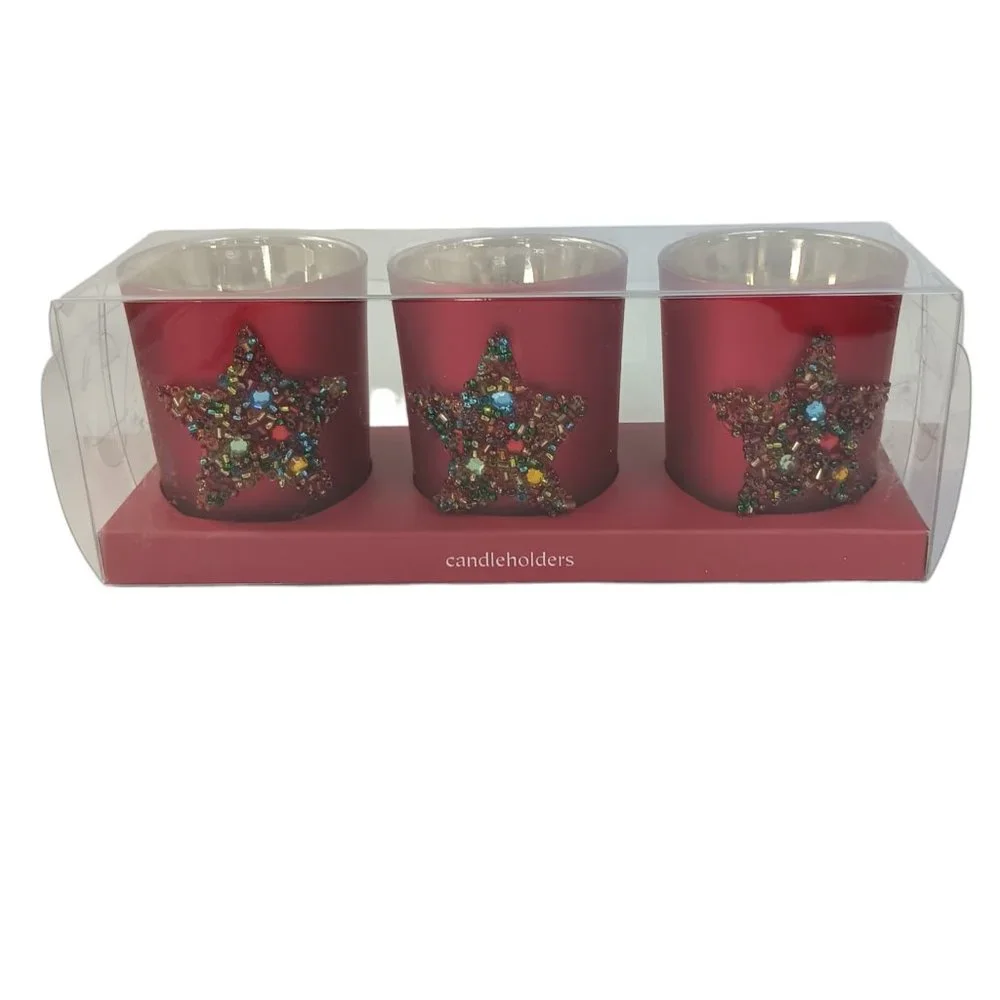 Pier One Glass Red Frosted Candleholders Star Bead Design New In Box
